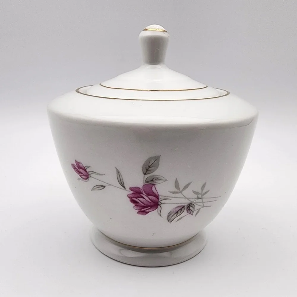 Vintage Tangshan Fine China Sugar‎ Bowl White W/ Pink Roses